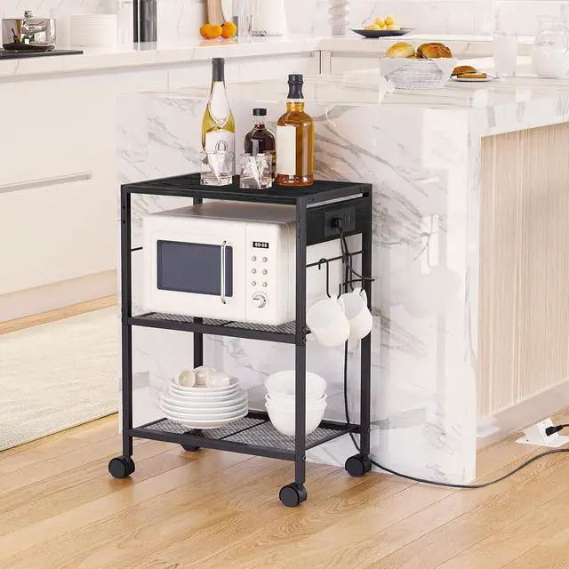 Alt view image 7 of 7 - Industrial Printer Stand, 3-Tier Mobile Printer Table, Rolling Cart with Power Outlets and USB Ports, Home Printer Stand with 2 Hooks, for Office, Living Room, Black BB22UPS01