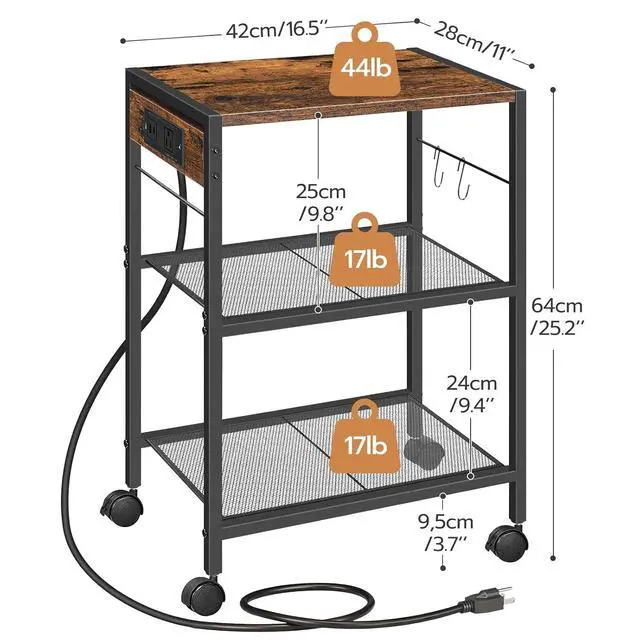 Alt view image 2 of 7 - Industrial Printer Stand, 3-Tier Mobile Printer Table, Rolling Cart with Power Outlets and USB Ports, Home Printer Stand with 2 Hooks, for Office, Living Room, Rustic Brown BF22UPS01