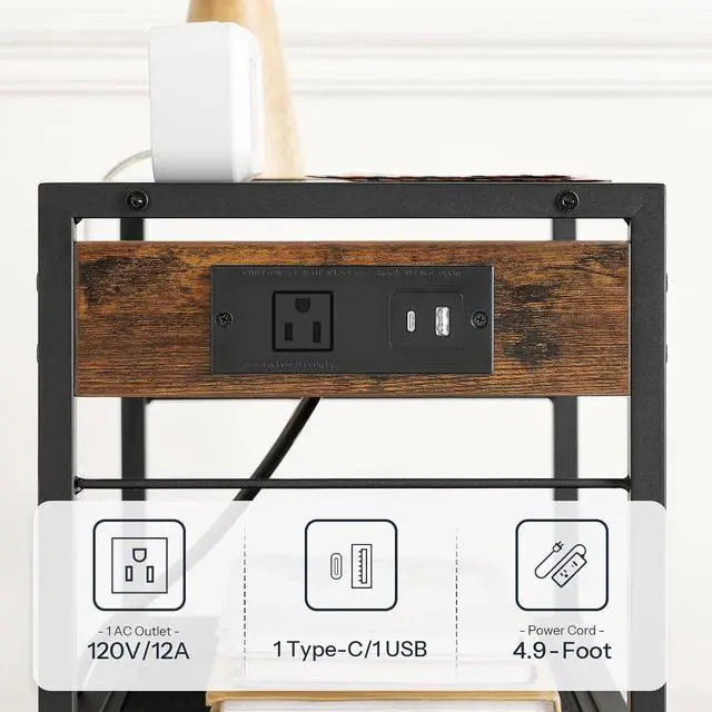 Alt view image 4 of 7 - Industrial Printer Stand, 3-Tier Mobile Printer Table, Rolling Cart with Power Outlets and USB Ports, Home Printer Stand with 2 Hooks, for Office, Living Room, Rustic Brown BF22UPS01