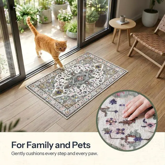 Alt view image 3 of 7 - 2 x 3 Area Rugs Washable, Small Rugs for Entryway Kitchen Bathroom Mat Indoor Low Pile Soft Rug, Non-Slip Backing Stain Resistant Carpets, Pet Friendly Machine Washable, Vintage Green GN01AR01