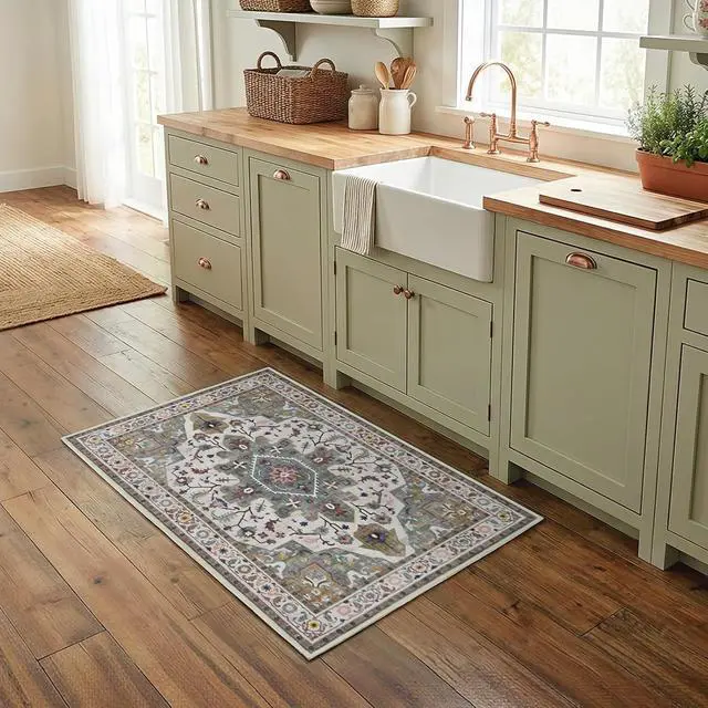 Alt view image 5 of 7 - 2 x 3 Area Rugs Washable, Small Rugs for Entryway Kitchen Bathroom Mat Indoor Low Pile Soft Rug, Non-Slip Backing Stain Resistant Carpets, Pet Friendly Machine Washable, Vintage Green GN01AR01