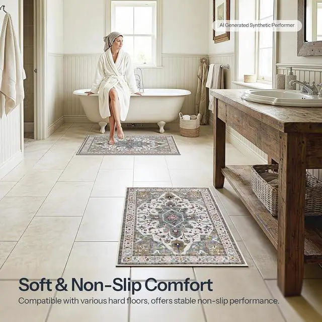 Alt view image 6 of 7 - 2 x 3 Area Rugs Washable, Small Rugs for Entryway Kitchen Bathroom Mat Indoor Low Pile Soft Rug, Non-Slip Backing Stain Resistant Carpets, Pet Friendly Machine Washable, Vintage Green GN01AR01