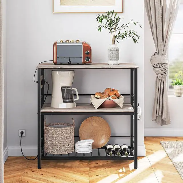 Alt view image 7 of 7 - Kitchen Island with Storage, Kitchen Island Table with Power Outlet, 3 Tier Coffee Station and Microwave Stand, for Home, Dining Room, Greige and Black BG021ZD01