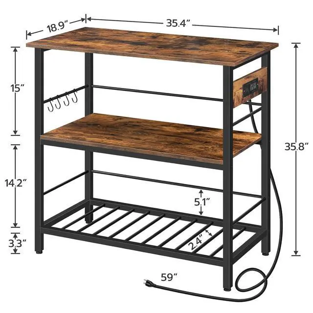 Alt view image 3 of 7 - Kitchen Island with Storage, Kitchen Island Table with Power Outlet, 35.4" L 3 Tier Coffee Station and Microwave Stand, for Home, Dining Room, Rustic Brown and Black BF021ZD01