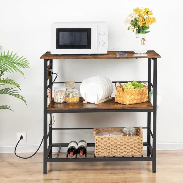 Alt view image 4 of 7 - Kitchen Island with Storage, Kitchen Island Table with Power Outlet, 35.4" L 3 Tier Coffee Station and Microwave Stand, for Home, Dining Room, Rustic Brown and Black BF021ZD01