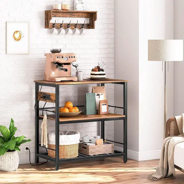 Alt view image 5 of 7 - Kitchen Island with Storage, Kitchen Island Table with Power Outlet, 35.4" L 3 Tier Coffee Station and Microwave Stand, for Home, Dining Room, Rustic Brown and Black BF021ZD01