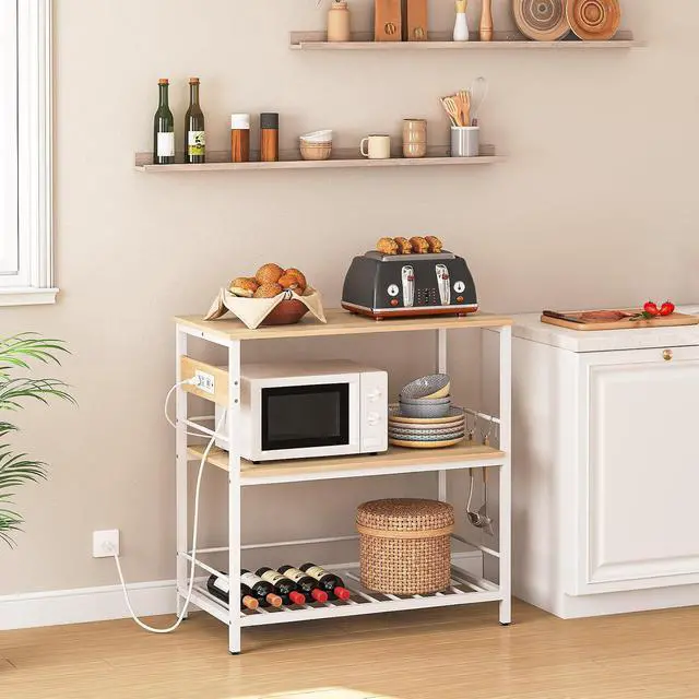 Alt view image 2 of 7 - Kitchen Island with Storage, Kitchen Island Table with Power Outlet, 3 Tier Coffee Station and Microwave Stand, for Home, Kitchen and Dining Room, Natural and White WN021ZD01