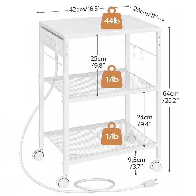 Alt view image 3 of 7 - Industrial Printer Stand, 3-Tier Mobile Printer Table, Rolling Cart with Power Outlets and USB Ports, Home Printer Stand with 2 Hooks, for Office, Living Room, White WW22UPS01