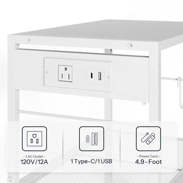 Alt view image 7 of 7 - Industrial Printer Stand, 3-Tier Mobile Printer Table, Rolling Cart with Power Outlets and USB Ports, Home Printer Stand with 2 Hooks, for Office, Living Room, White WW22UPS01