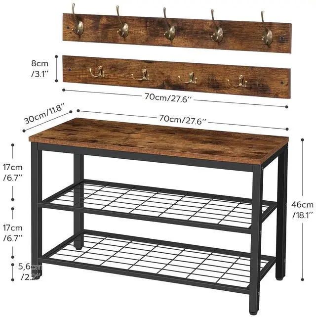 Alt view image 3 of 7 - Hall Tree with Bench, Coat Rack Shoe Bench Set, Entryway Shoe Rack with Coat Hooks, Hall Tree Coat Rack, Mud Room, Industrial, for Foyer, Front Door, Rustic Brown BF07MT01