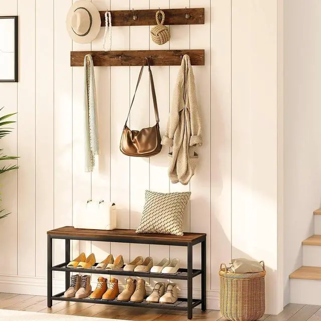 Alt view image 2 of 7 - Hall Tree with Bench, Coat Rack Shoe Bench Set, Entryway Shoe Rack with Coat Hooks, Hall Tree Coat Rack, Mud Room, Industrial, for Foyer, Front Door, Rustic Brown BF07MT01