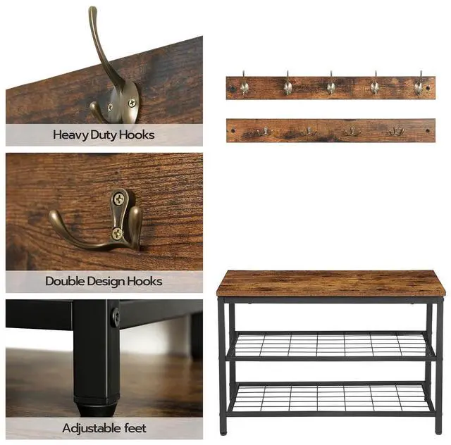 Alt view image 6 of 7 - Hall Tree with Bench, Coat Rack Shoe Bench Set, Entryway Shoe Rack with Coat Hooks, Hall Tree Coat Rack, Mud Room, Industrial, for Foyer, Front Door, Rustic Brown BF07MT01