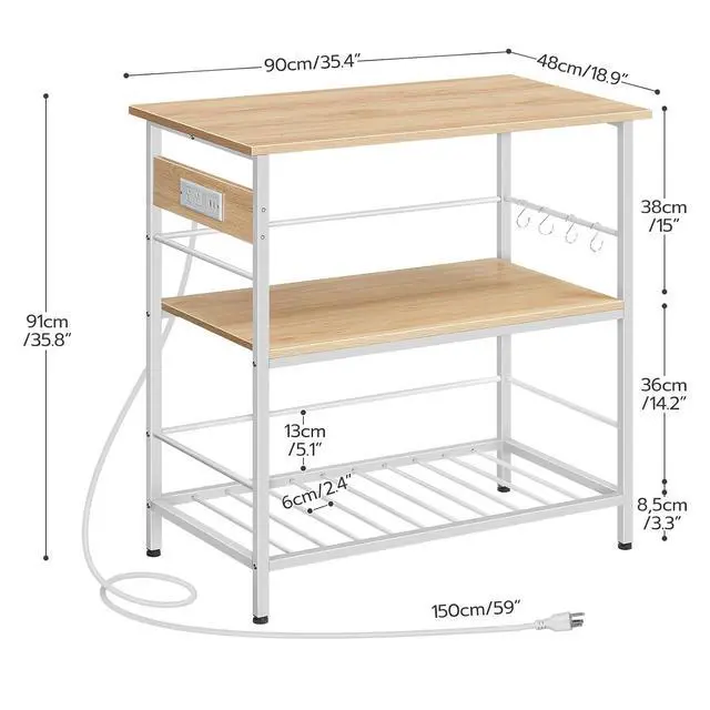 Alt view image 3 of 7 - Kitchen Island with Storage, Kitchen Island Table with Power Outlet, 3 Tier Coffee Station and Microwave Stand, for Home, Kitchen and Dining Room, Natural and White WN021ZD01