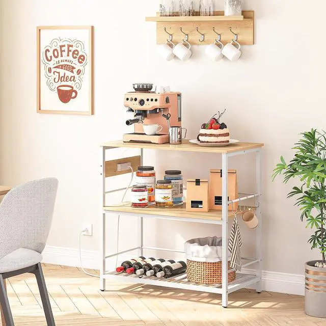 Alt view image 4 of 7 - Kitchen Island with Storage, Kitchen Island Table with Power Outlet, 3 Tier Coffee Station and Microwave Stand, for Home, Kitchen and Dining Room, Natural and White WN021ZD01