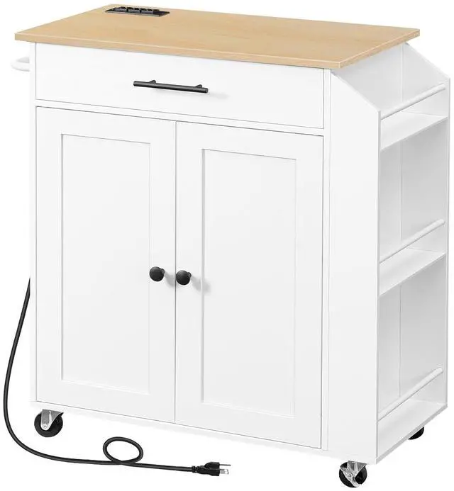 Main image of Kitchen Island with Power Outlet, Kitchen Storage Island with Spice Rack and Drawer, Rolling Kitchen on Wheels, for Home, Dining Room, Natural and White WN82UZD01G1