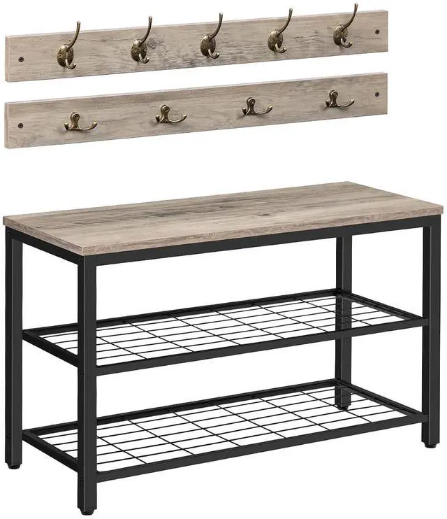 Main image of Hall Tree with Bench, Coat Rack Shoe Bench Set, Entryway Shoe Rack with Coat Hooks, Hall Tree Coat Rack, 27.6" L x 11.8" W x 18.1" H, Mud Room, for Foyer, Front Door, Greige BG07MT01