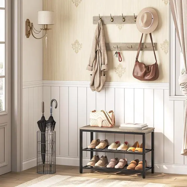 Alt view image 2 of 7 - Hall Tree with Bench, Coat Rack Shoe Bench Set, Entryway Shoe Rack with Coat Hooks, Hall Tree Coat Rack, 27.6" L x 11.8" W x 18.1" H, Mud Room, for Foyer, Front Door, Greige BG07MT01