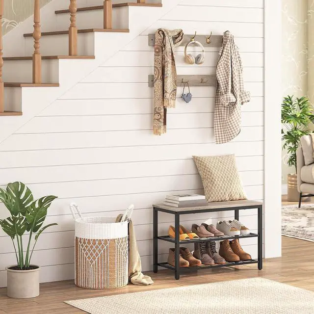 Alt view image 3 of 7 - Hall Tree with Bench, Coat Rack Shoe Bench Set, Entryway Shoe Rack with Coat Hooks, Hall Tree Coat Rack, 27.6" L x 11.8" W x 18.1" H, Mud Room, for Foyer, Front Door, Greige BG07MT01