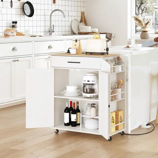 Alt view image 2 of 7 - Kitchen Island with Power Outlet, Kitchen Storage Island with Spice Rack and Drawer, Rolling Kitchen on Wheels, for Home, Dining Room, Natural and White WN82UZD01G1