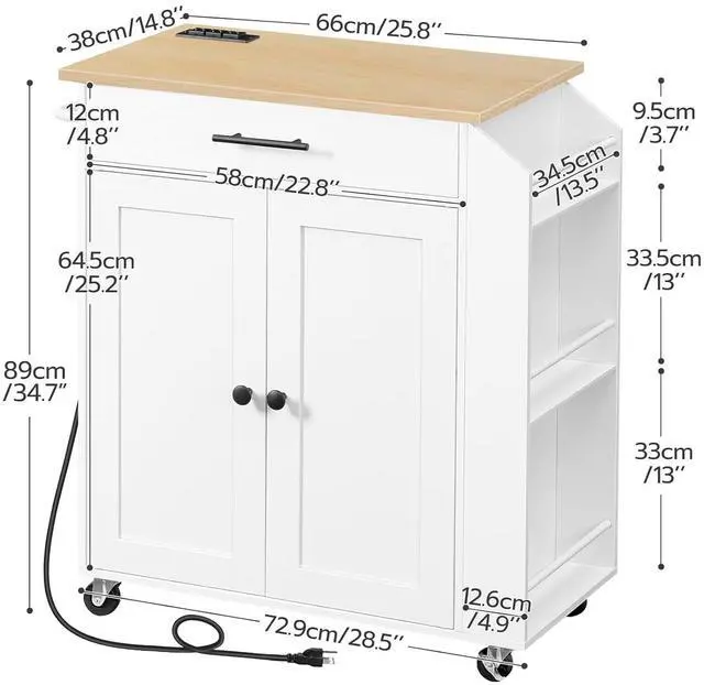 Alt view image 5 of 7 - Kitchen Island with Power Outlet, Kitchen Storage Island with Spice Rack and Drawer, Rolling Kitchen on Wheels, for Home, Dining Room, Natural and White WN82UZD01G1