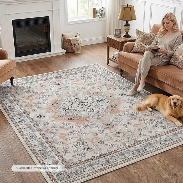 Alt view image 2 of 7 - 5 x 7 Area Rugs Washable, Living Room Rugs, Non-Slip Rug Stain Resistant Carpets, Indoor Low Pile Soft Rug Pet Friendly Mat, for Bedroom Dining Room Hallway Home Office, Vintage Beige EF03AR01