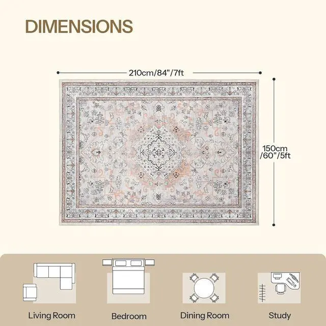 Alt view image 3 of 7 - 5 x 7 Area Rugs Washable, Living Room Rugs, Non-Slip Rug Stain Resistant Carpets, Indoor Low Pile Soft Rug Pet Friendly Mat, for Bedroom Dining Room Hallway Home Office, Vintage Beige EF03AR01