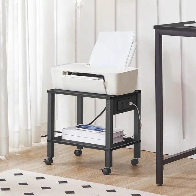 Alt view image 3 of 7 - 2-Tier Printer Stand with Charging Station, Under Desk Printer Table, Printer Cart with Storage Shelves, Shelf for Small Spaces, for Home Office, Black BK38UPS01