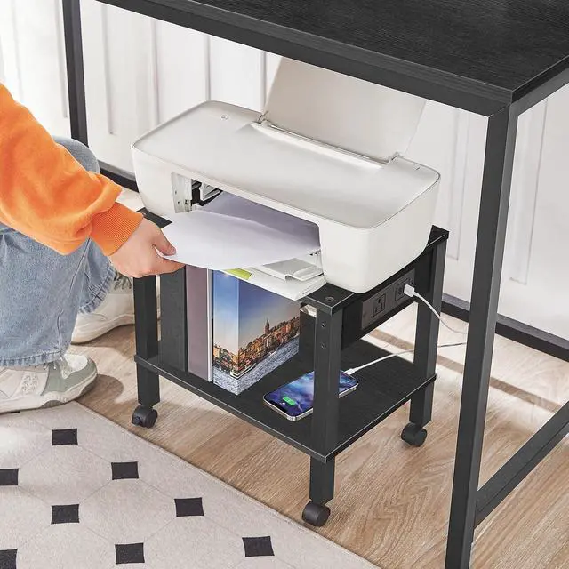 Alt view image 4 of 7 - 2-Tier Printer Stand with Charging Station, Under Desk Printer Table, Printer Cart with Storage Shelves, Shelf for Small Spaces, for Home Office, Black BK38UPS01