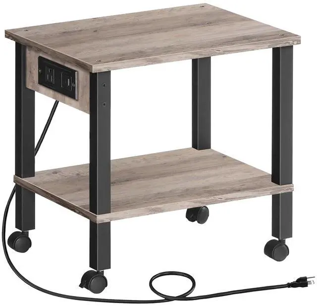 Main image of 2-Tier Printer Stand with Charging Station, Under Desk Printer Table, Printer Cart with Storage Shelves, Shelf for Small Spaces, for Home Office, Greige and Black BG38UPS01
