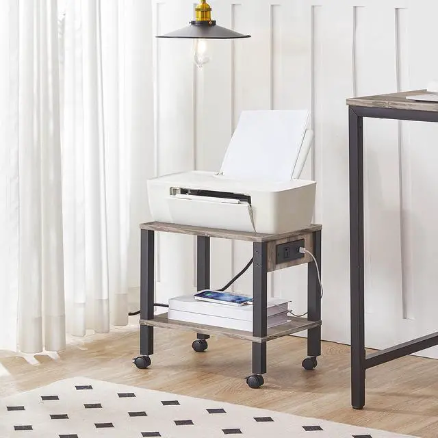 Alt view image 2 of 7 - 2-Tier Printer Stand with Charging Station, Under Desk Printer Table, Printer Cart with Storage Shelves, Shelf for Small Spaces, for Home Office, Greige and Black BG38UPS01
