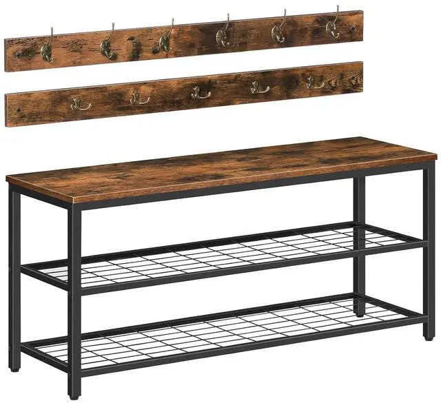 Main image of Hall Tree with Bench, Coat Rack Shoe Bench Set, Entryway Shoe Rack with Coat Hooks, Hall Tree, 39.4" L x 11.8" W x 18.1" H, Industrial, for Front Door, Rustic Brown BF071MT01G1