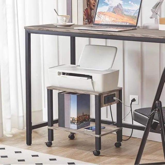 Alt view image 3 of 7 - 2-Tier Printer Stand with Charging Station, Under Desk Printer Table, Printer Cart with Storage Shelves, Shelf for Small Spaces, for Home Office, Greige and Black BG38UPS01