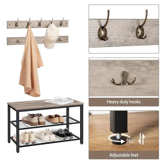 Alt view image 5 of 7 - Hall Tree with Bench, Coat Rack Shoe Bench Set, Entryway Shoe Rack with Coat Hooks, Hall Tree Coat Rack, 27.6" L x 11.8" W x 18.1" H, Mud Room, for Foyer, Front Door, Greige BG07MT01