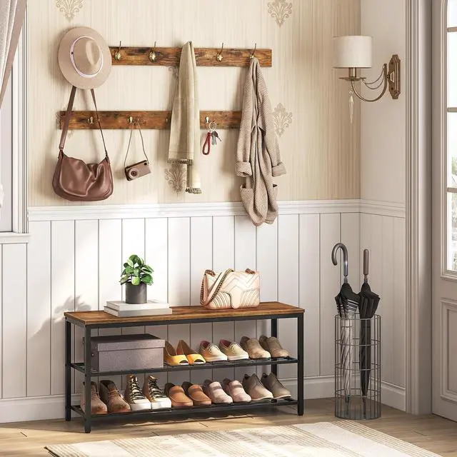 Alt view image 2 of 7 - Hall Tree with Bench, Coat Rack Shoe Bench Set, Entryway Shoe Rack with Coat Hooks, Hall Tree, 39.4" L x 11.8" W x 18.1" H, Industrial, for Front Door, Rustic Brown BF071MT01G1
