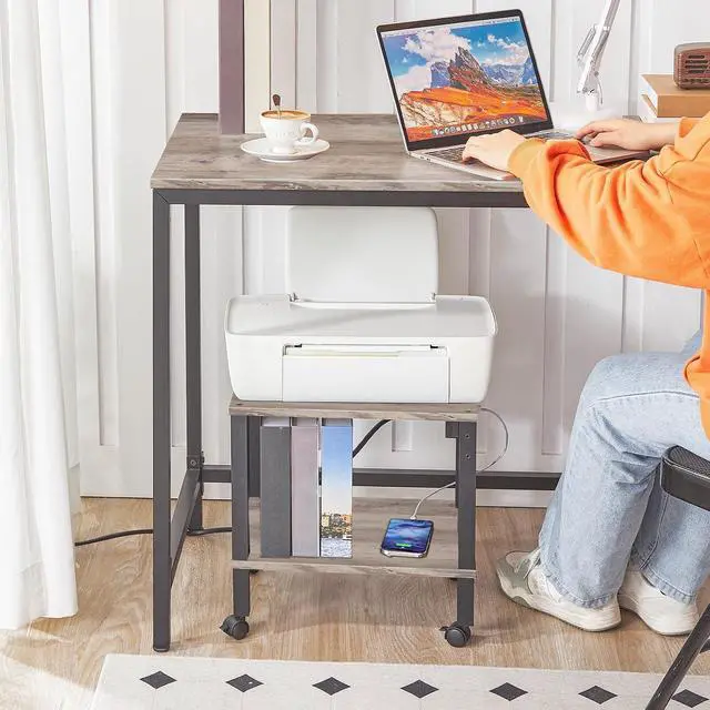 Alt view image 4 of 7 - 2-Tier Printer Stand with Charging Station, Under Desk Printer Table, Printer Cart with Storage Shelves, Shelf for Small Spaces, for Home Office, Greige and Black BG38UPS01
