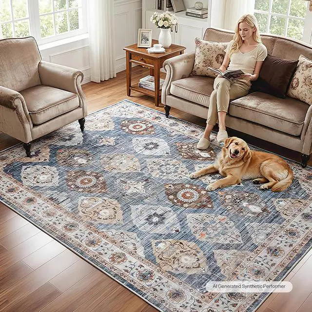 Alt view image 2 of 7 - 5 x 7 Area Rugs Washable, Living Room Rugs, Non-Slip Rug Stain Resistant Carpets, Indoor Low Pile Soft Rug Pet Friendly Mat, for Bedroom Dining Room Hallway Home Office, Light Blue BU03AR01
