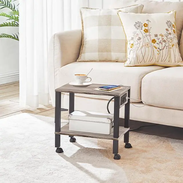 Alt view image 5 of 7 - 2-Tier Printer Stand with Charging Station, Under Desk Printer Table, Printer Cart with Storage Shelves, Shelf for Small Spaces, for Home Office, Greige and Black BG38UPS01