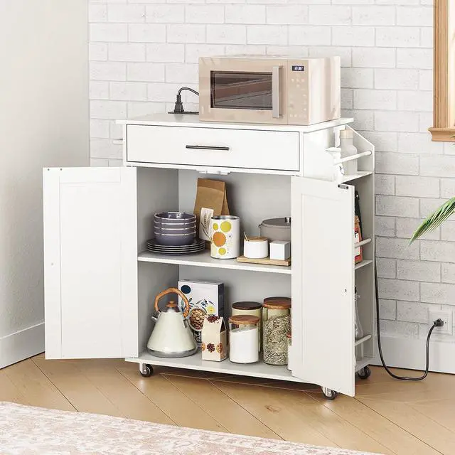 Alt view image 3 of 7 - Kitchen Island with Power Outlet, Kitchen Storage Island with Spice Rack and Drawer, Rolling Kitchen Cart on Wheels, for Home, Kitchen and Dining Room, White WT82UZD01G1