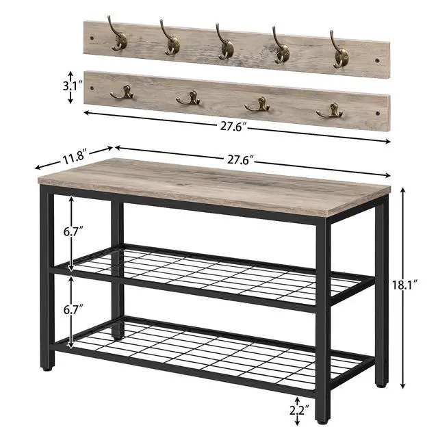 Alt view image 6 of 7 - Hall Tree with Bench, Coat Rack Shoe Bench Set, Entryway Shoe Rack with Coat Hooks, Hall Tree Coat Rack, 27.6" L x 11.8" W x 18.1" H, Mud Room, for Foyer, Front Door, Greige BG07MT01
