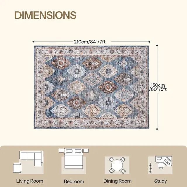 Alt view image 3 of 7 - 5 x 7 Area Rugs Washable, Living Room Rugs, Non-Slip Rug Stain Resistant Carpets, Indoor Low Pile Soft Rug Pet Friendly Mat, for Bedroom Dining Room Hallway Home Office, Light Blue BU03AR01
