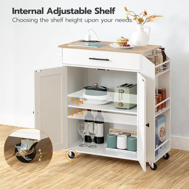 Alt view image 6 of 7 - Kitchen Island with Power Outlet, Kitchen Storage Island with Spice Rack and Drawer, Rolling Kitchen on Wheels, for Home, Dining Room, Natural and White WN82UZD01G1