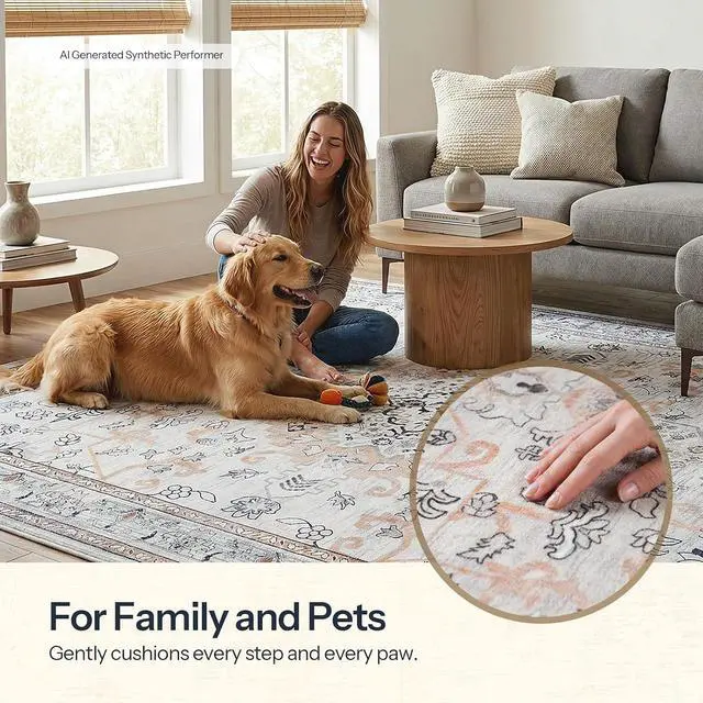 Alt view image 3 of 7 - Washable Rug 8 x 10 Area Rugs for Living Room, Non-Slip Stain Resistant Rug, Low Pile Soft Rug Indoor Large Carpets Pet Friendly Mat, for Bedroom Kitchen Dining Room, Vintage Beige EF05AR01