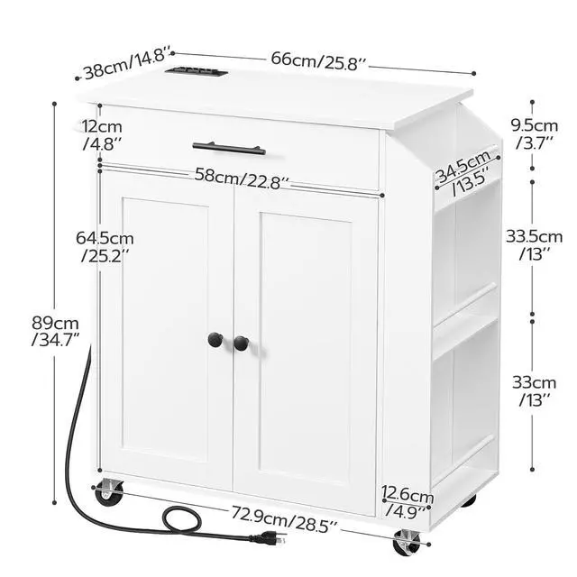 Alt view image 5 of 7 - Kitchen Island with Power Outlet, Kitchen Storage Island with Spice Rack and Drawer, Rolling Kitchen Cart on Wheels, for Home, Kitchen and Dining Room, White WT82UZD01G1