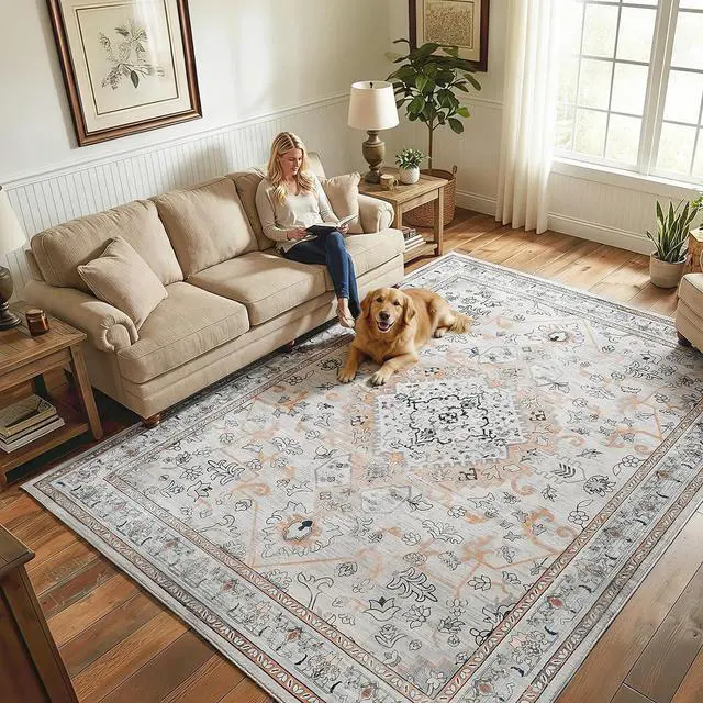 Main image of Washable Rug 8 x 10 Area Rugs for Living Room, Non-Slip Stain Resistant Rug, Low Pile Soft Rug Indoor Large Carpets Pet Friendly Mat, for Bedroom Kitchen Dining Room, Vintage Beige EF05AR01