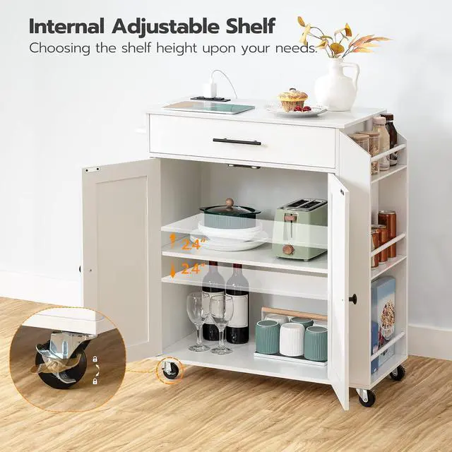 Alt view image 6 of 7 - Kitchen Island with Power Outlet, Kitchen Storage Island with Spice Rack and Drawer, Rolling Kitchen Cart on Wheels, for Home, Kitchen and Dining Room, White WT82UZD01G1