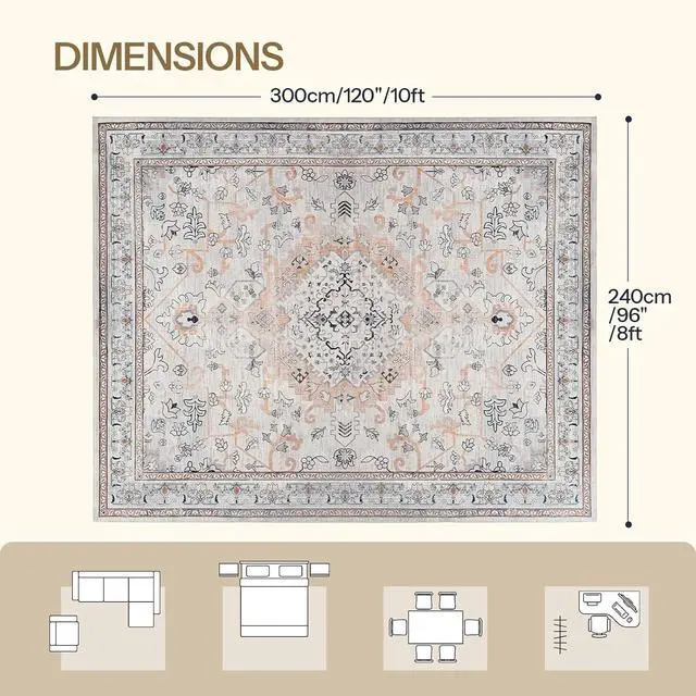 Alt view image 2 of 7 - Washable Rug 8 x 10 Area Rugs for Living Room, Non-Slip Stain Resistant Rug, Low Pile Soft Rug Indoor Large Carpets Pet Friendly Mat, for Bedroom Kitchen Dining Room, Vintage Beige EF05AR01