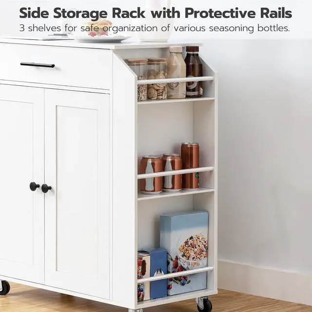 Alt view image 7 of 7 - Kitchen Island with Power Outlet, Kitchen Storage Island with Spice Rack and Drawer, Rolling Kitchen Cart on Wheels, for Home, Kitchen and Dining Room, White WT82UZD01G1