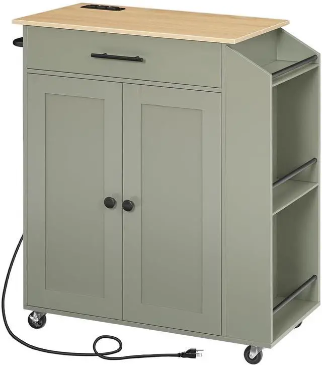 Main image of Kitchen Island with Power Outlet, Storage Island with Spice Rack and Drawer, Rolling Kitchen Cart on Wheels, for Home, Dining Room, Natural and Green JN82UZD01G1