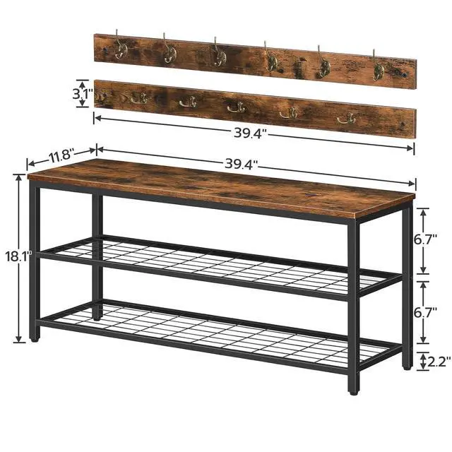 Alt view image 4 of 7 - Hall Tree with Bench, Coat Rack Shoe Bench Set, Entryway Shoe Rack with Coat Hooks, Hall Tree, 39.4" L x 11.8" W x 18.1" H, Industrial, for Front Door, Rustic Brown BF071MT01G1