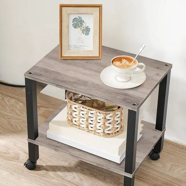 Alt view image 6 of 7 - 2-Tier Printer Stand with Charging Station, Under Desk Printer Table, Printer Cart with Storage Shelves, Shelf for Small Spaces, for Home Office, Greige and Black BG38UPS01